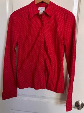 Ann Taylor Red Long sleeve button down blouse with thin tan stripes size 6